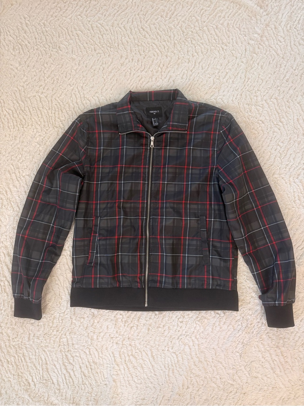 Forever 21 Men's Black Plaid Zip Jacket with Red and White Accents